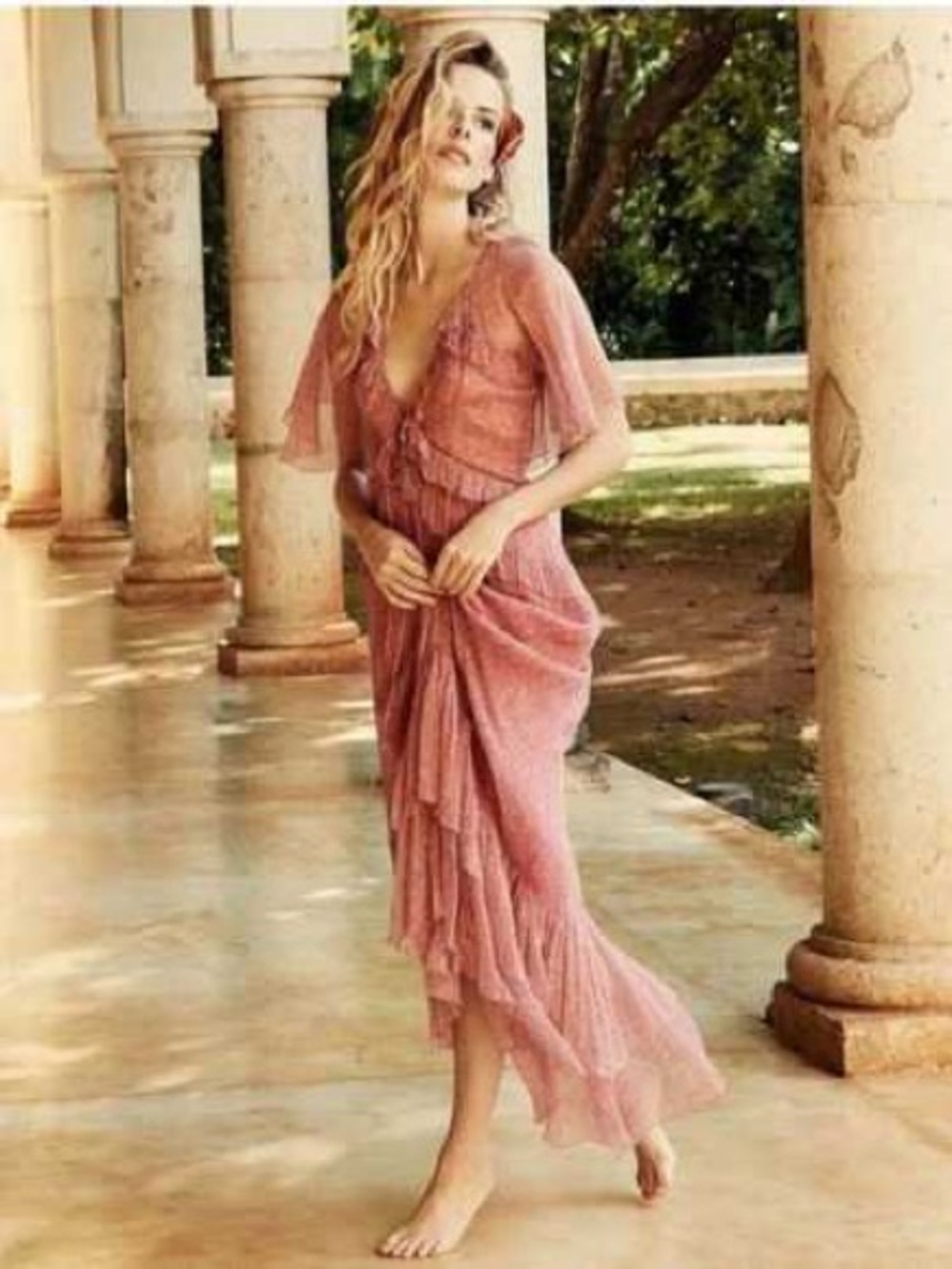 Sheer Ruffle Maxi Dress in Dusty Rose